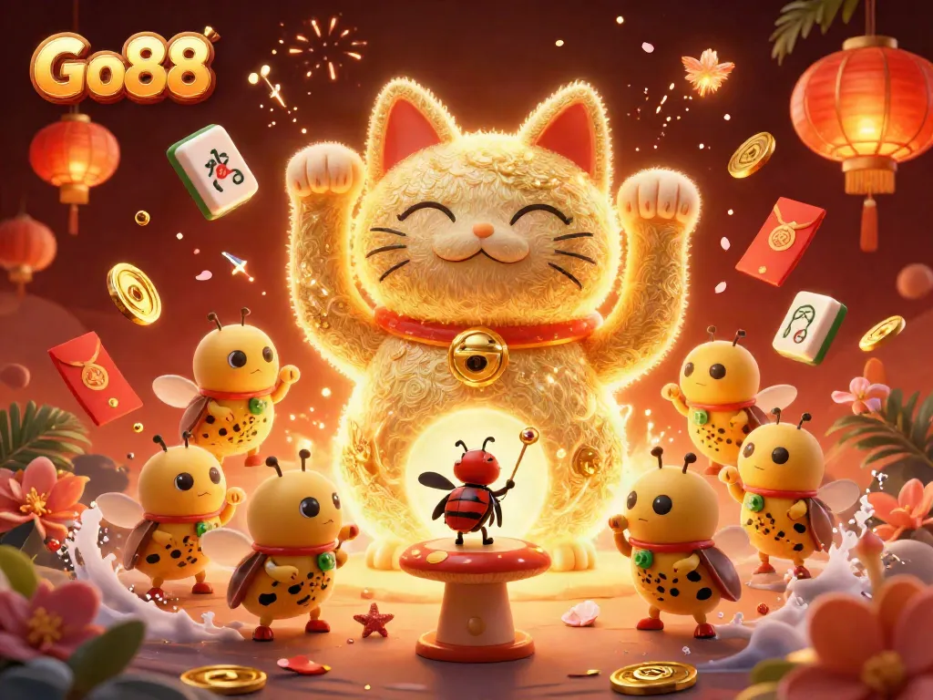 Experience the excitement of Go88's vibrant gaming atmosphere with a dynamic cat symbol and festive elements.