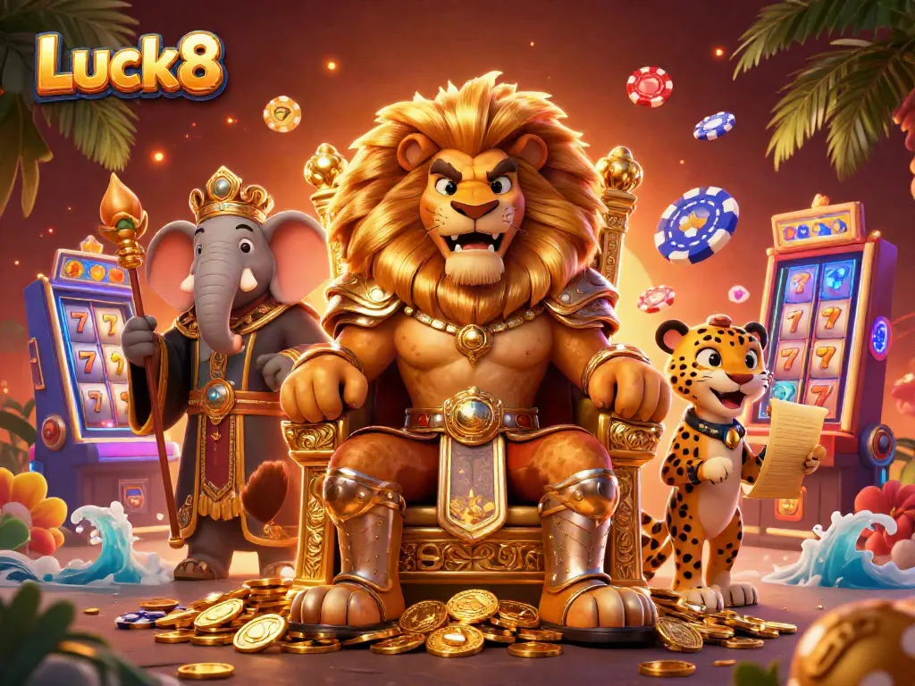 Luck8 offers vibrant 3D casino action with a royal lion, wise elephant, and agile cheetah surrounded by slot machines.