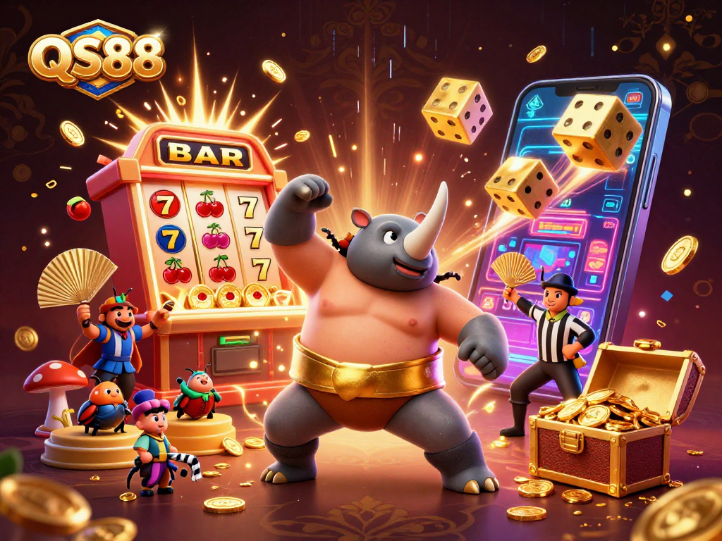 Experience the thrill of QS88 gaming with a dynamic scene of a sumo beetle champion surrounded by vibrant casino elements.