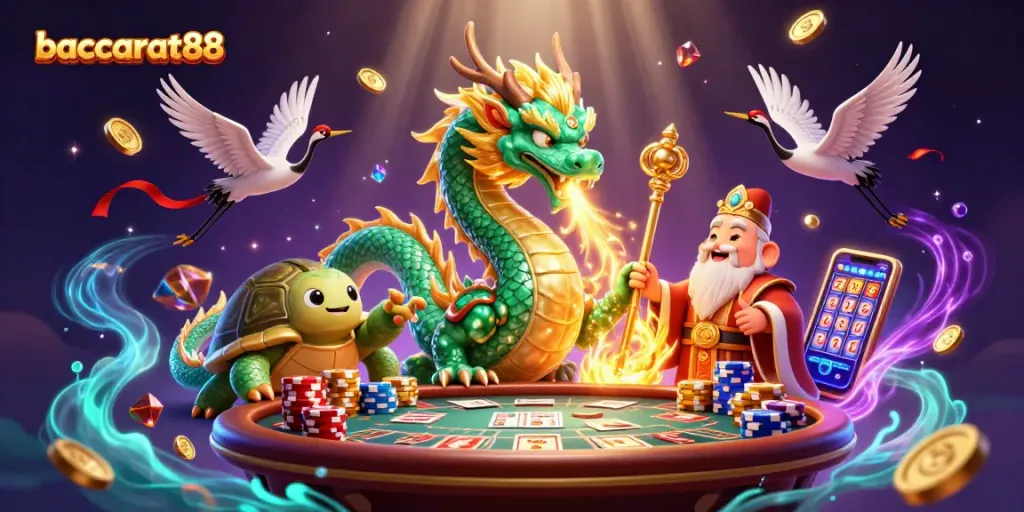 Experience baccarat88's thrilling gameplay with a vibrant dragon, sage, and dynamic casino elements.