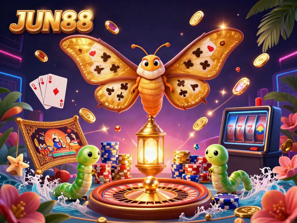 Experience adventures at JUN88 with a vibrant casino scene featuring an atlas moth and dazzling game elements.