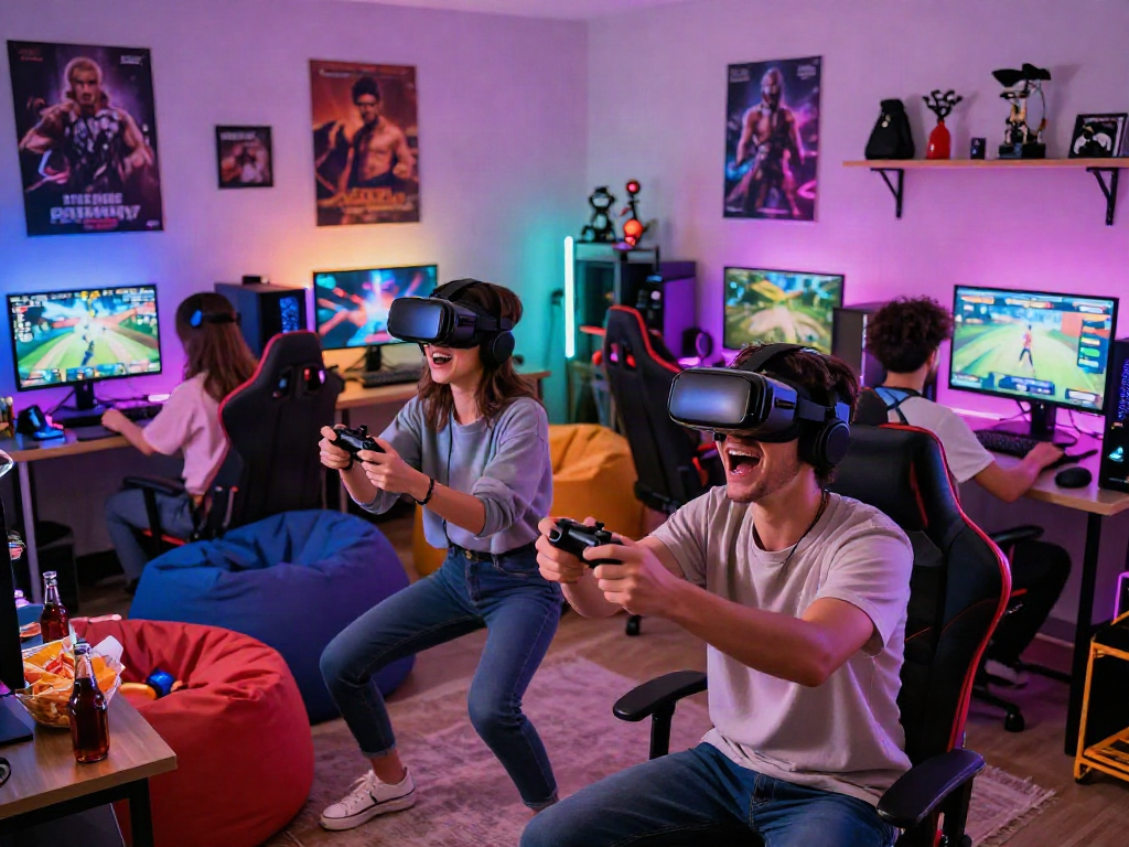 Engaging scene of diverse gamers enjoying popular real porn games in a vibrant, cozy setting.