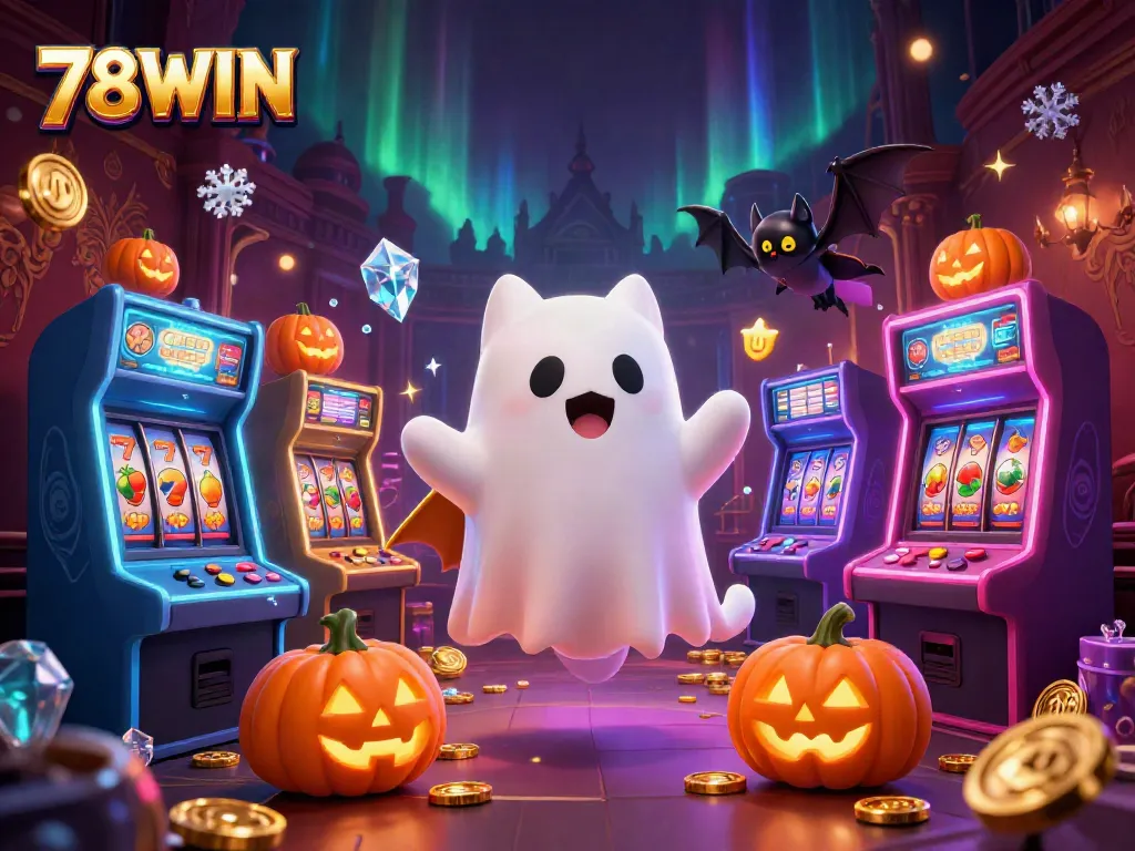 Engage in thrilling gameplay with 78WIN in a haunted casino scene featuring a ghost cat and a vampire bat.