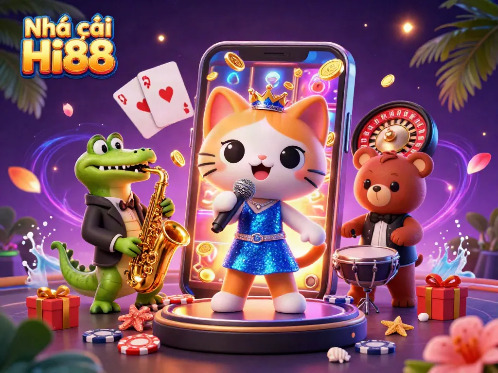 Celebrate the fun at Nhà cái Hi88 with a vibrant casino illustration featuring characters and gaming elements.