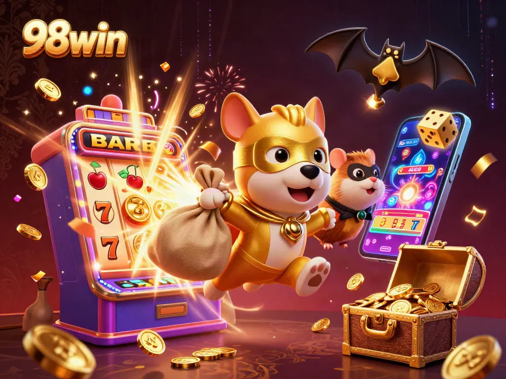Experience thrilling wins at 98win as the superhero dog and sidekick embrace the casino adventure.
