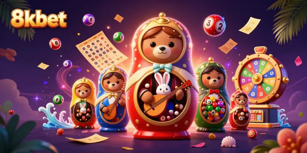 8xbet offers an energetic casino experience with festive lottery balls and dynamic casino characters.