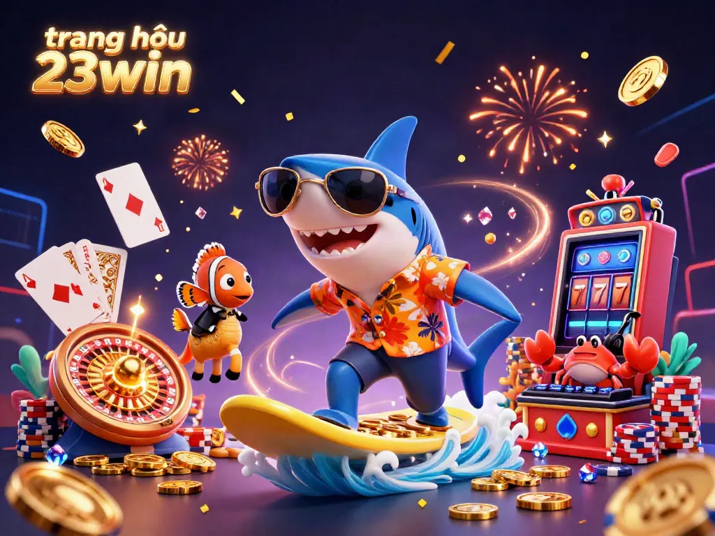 Experience the excitement of trang chủ 23win with animated characters surfing gold coins and playing casino games in a vibrant casino scene.
