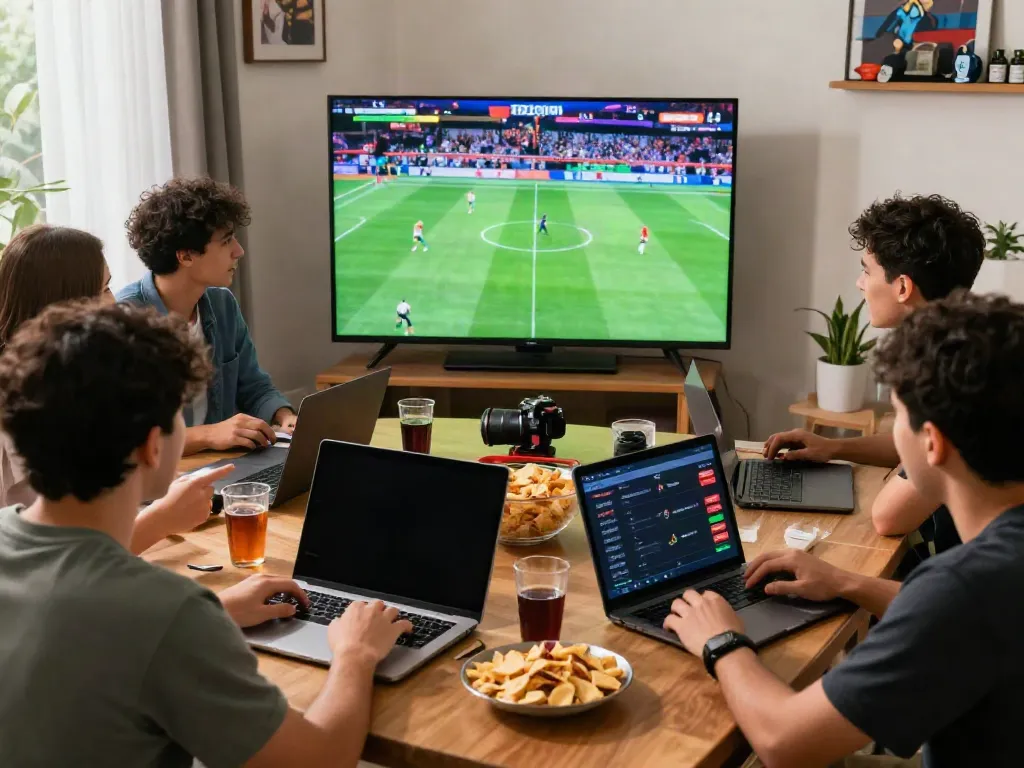 ZBET betting scene with friends enjoying sports, laptops, and excitement.