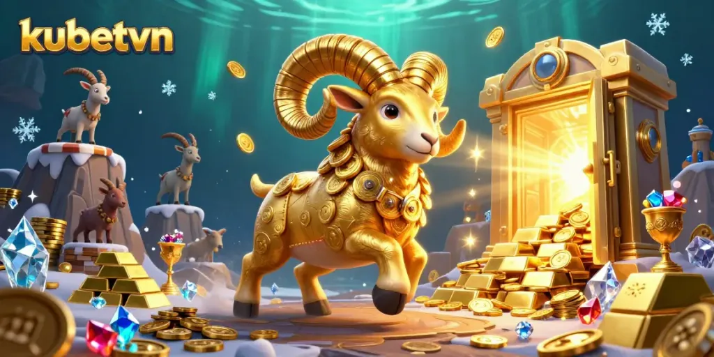 Engage with kubetvn's thrilling casino experience featuring a golden ram charging through a treasure vault.
