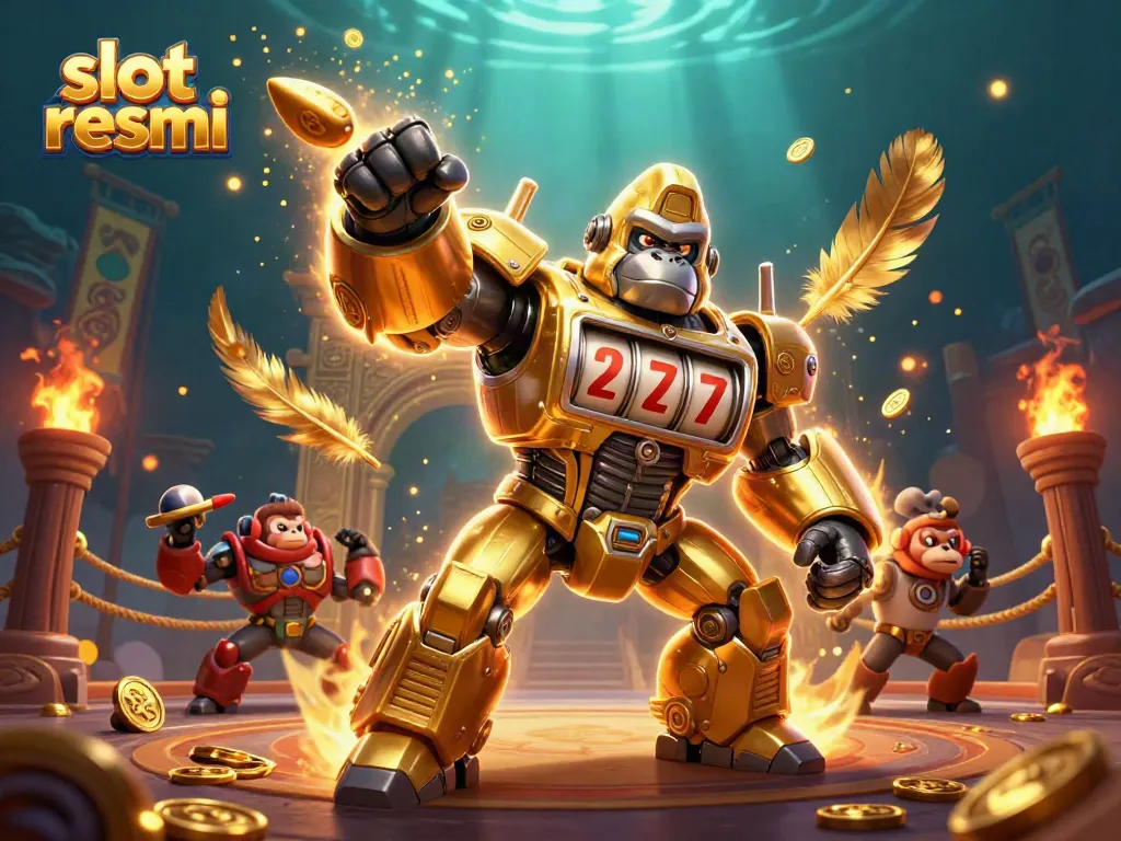 Engage with thrilling slot resmi action featuring a golden gorilla mech and vibrant slot machine elements.