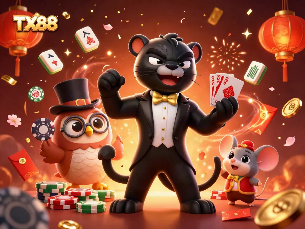 Experience vibrant gaming action at TX88 with a stylish panther dealer, lucky owl, and mouse amidst celebratory casino elements.