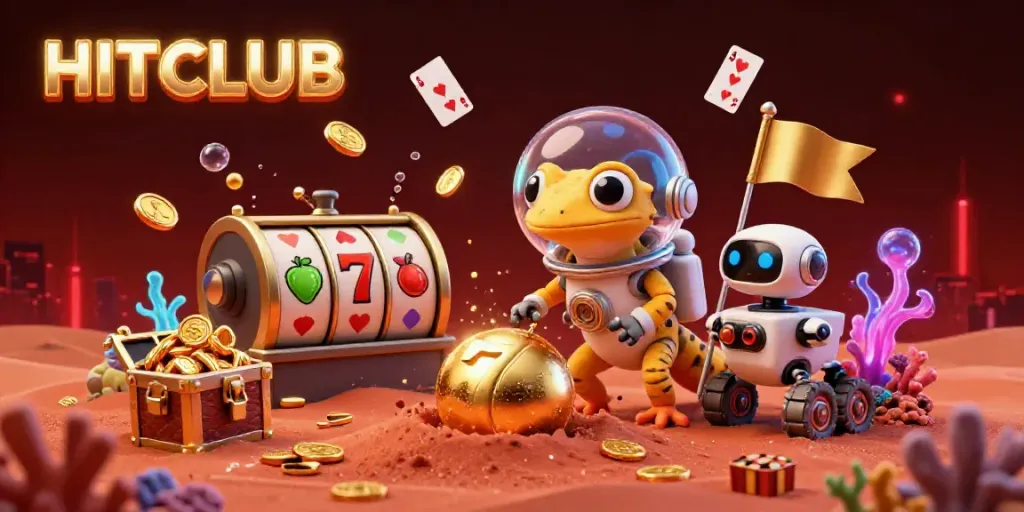 Experience HITCLUB's electrifying atmosphere with a Martian gecko exploring a golden casino.