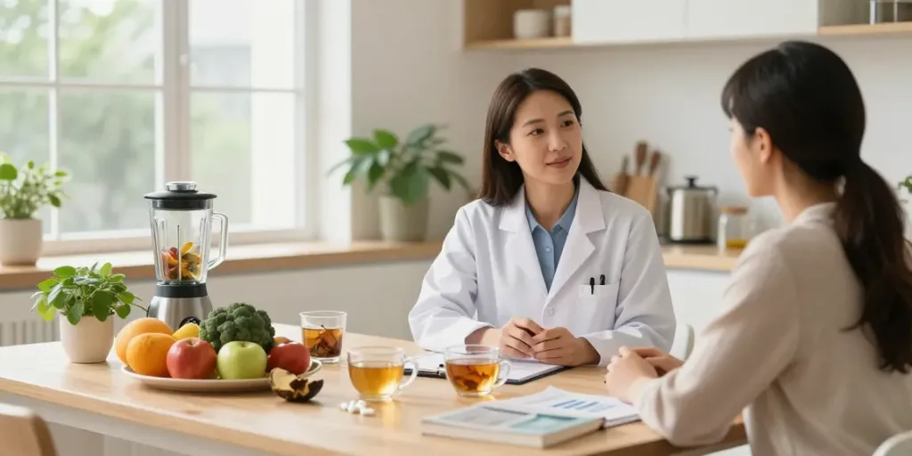 Gut Health Nutritionist London discussing nutrition plans with a client in a bright, inviting kitchen.