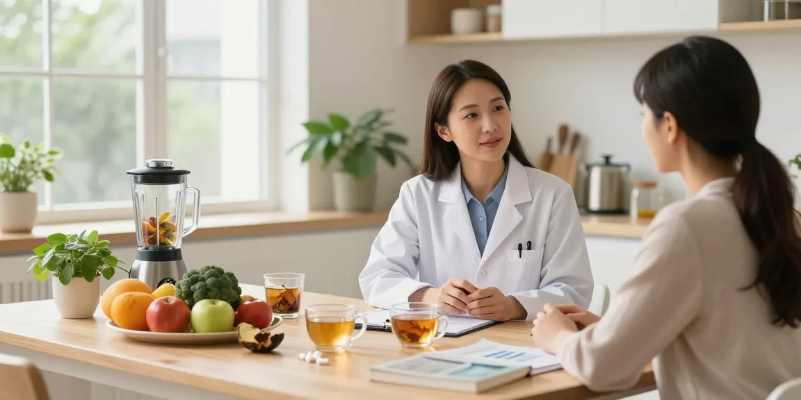Gut Health Nutritionist London discussing nutrition plans with a client in a bright, inviting kitchen.