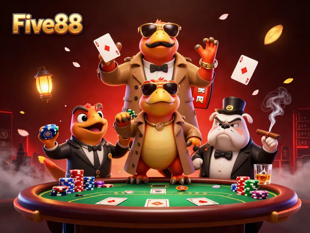 Experience the thrill at Five88's casino with raptors in a trench coat attempting entry.