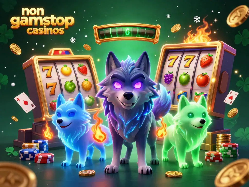 Engage with thrilling non gamstop casinos featuring vibrant slot machines and excited wolf characters.