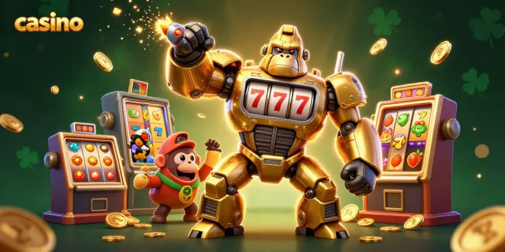 Experience the thrill of the casino with a dynamic 3D illustration featuring a golden gorilla mech and slot machine elements.