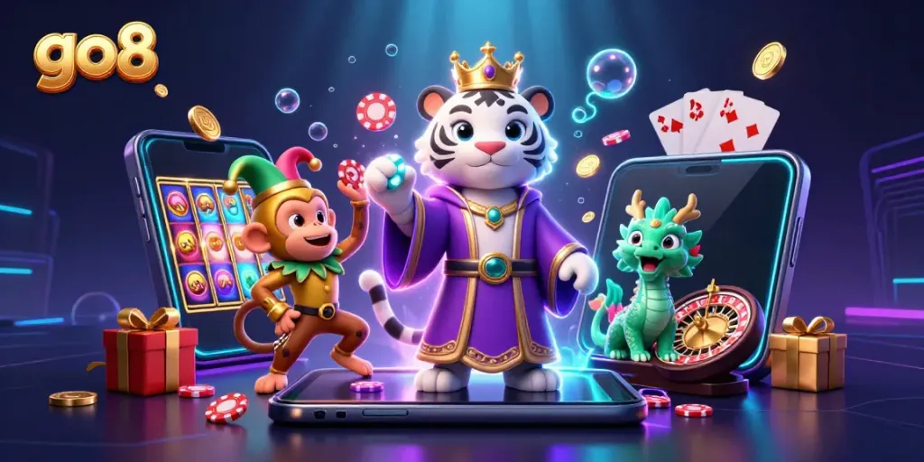 Engage with go8's vibrant gaming scene featuring a royal tiger and playful monkey in a dynamic casino illustration.