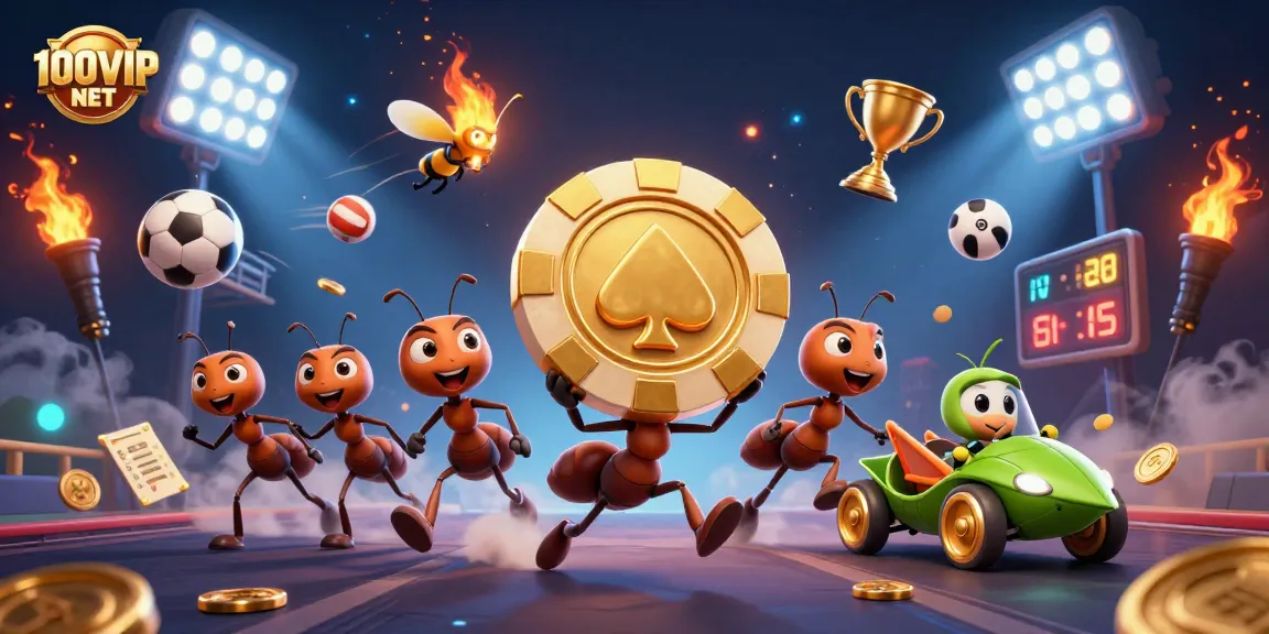 Engage in thrilling gameplay at 100VIP NET with a dynamic illustration showcasing ants heisting a poker chip amidst sports excitement.