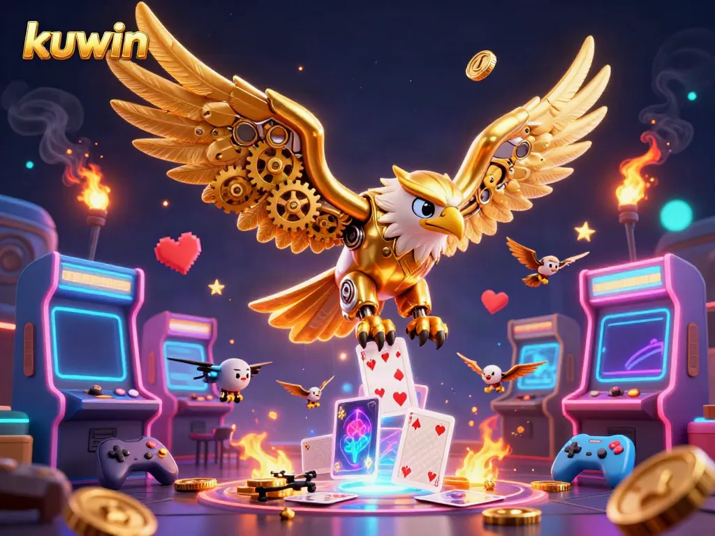 Experience thrilling action at kuwin, showcasing a dynamic scene with a cybernetic golden eagle amidst casino elements.