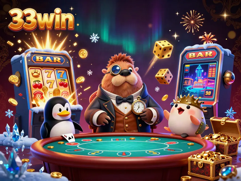 Experience thrilling gameplay with 33win as the walrus, penguin dealer, and pufferfish play poker.