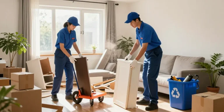 Efficient house clearance service in action, professionals removing old furniture from a cluttered living room, emphasizing eco-friendly practices.