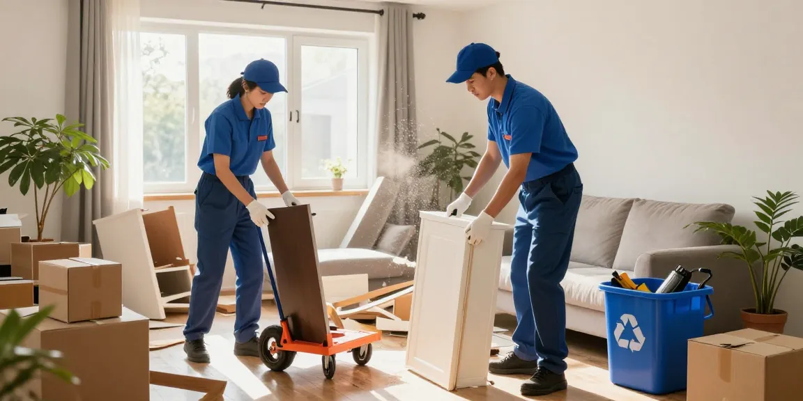 Efficient house clearance service in action, professionals removing old furniture from a cluttered living room, emphasizing eco-friendly practices.