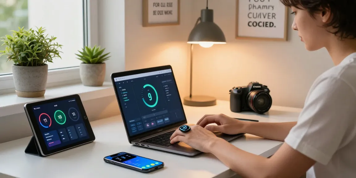 Person using a smart ring while typing on a laptop in a cozy home office.