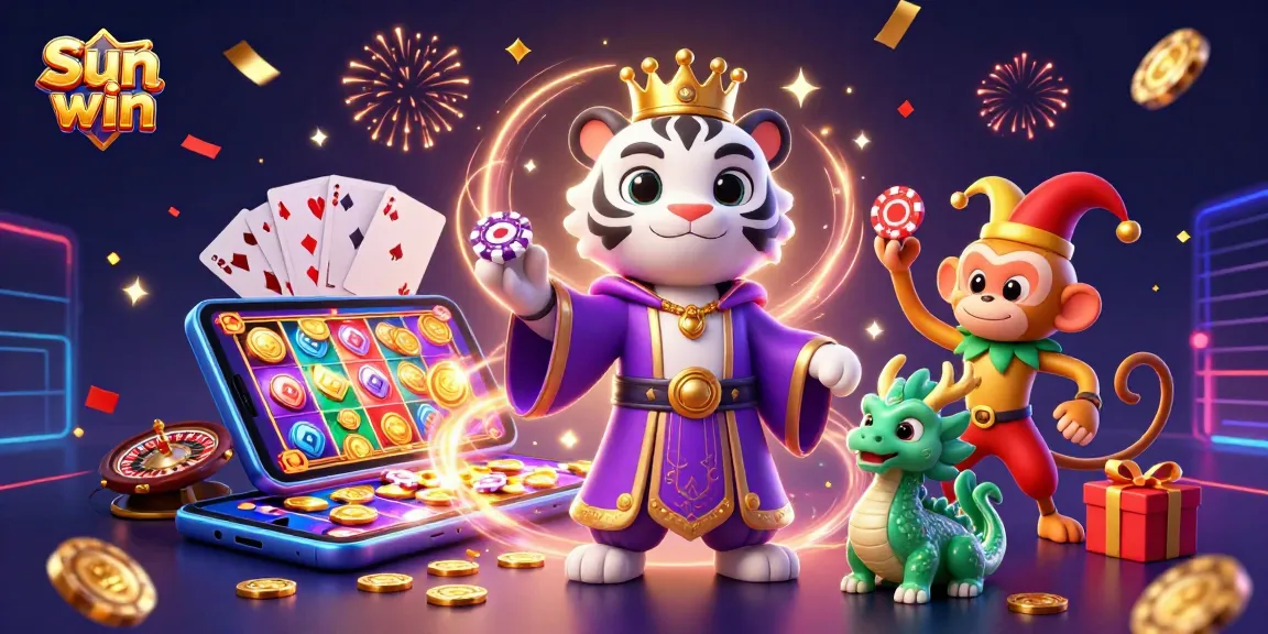 Experience the thrill of Sun win with a vibrant casino illustration showcasing epic characters and games.