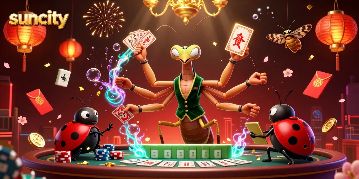 Suncity casino scene featuring a vibrant praying mantis card sharp and ladybug pit boss celebrating wins with festive elements.