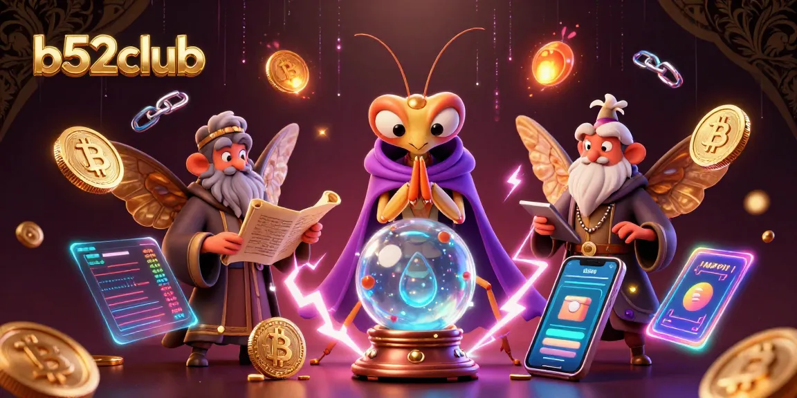 Engage with b52club's vibrant online gaming experience featuring fortune tellers and glowing crypto elements.