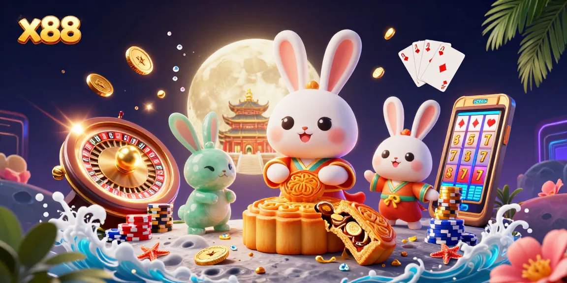 x88 invites gamers to experience vibrant online gambling with the moon rabbit celebrating wins alongside poker chip treasures.