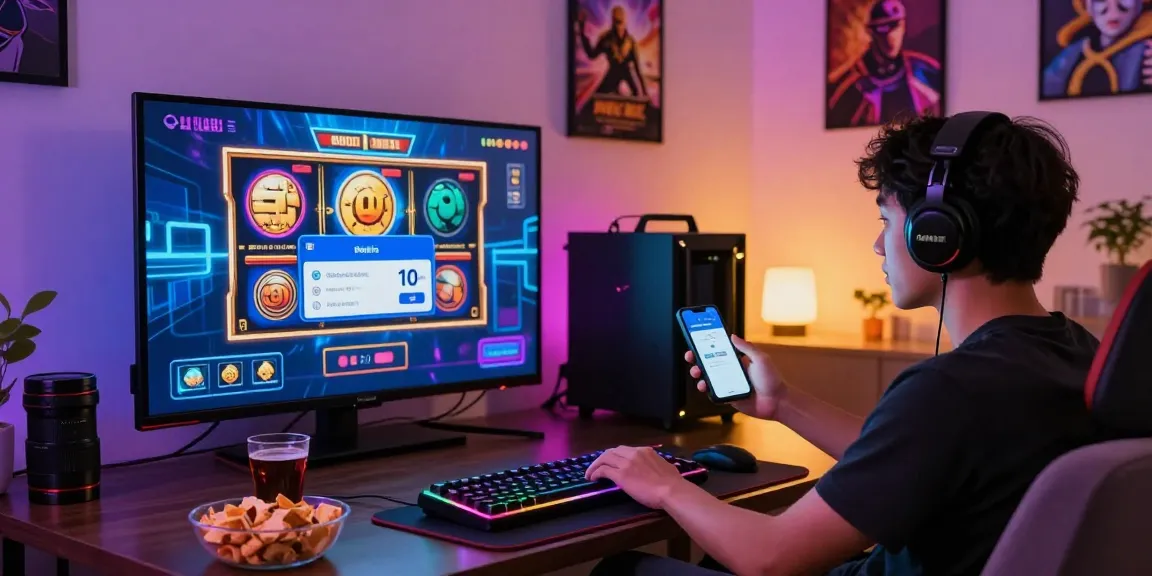 Gamer enjoying situs slot deposit 10 ribu experience with smartphone and snacks.