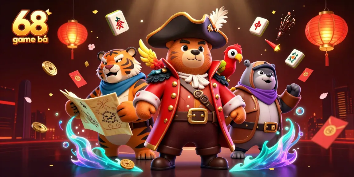 Win big at 68 game bài with vibrant 3D pirate-themed casino gaming scene filled with treasures.