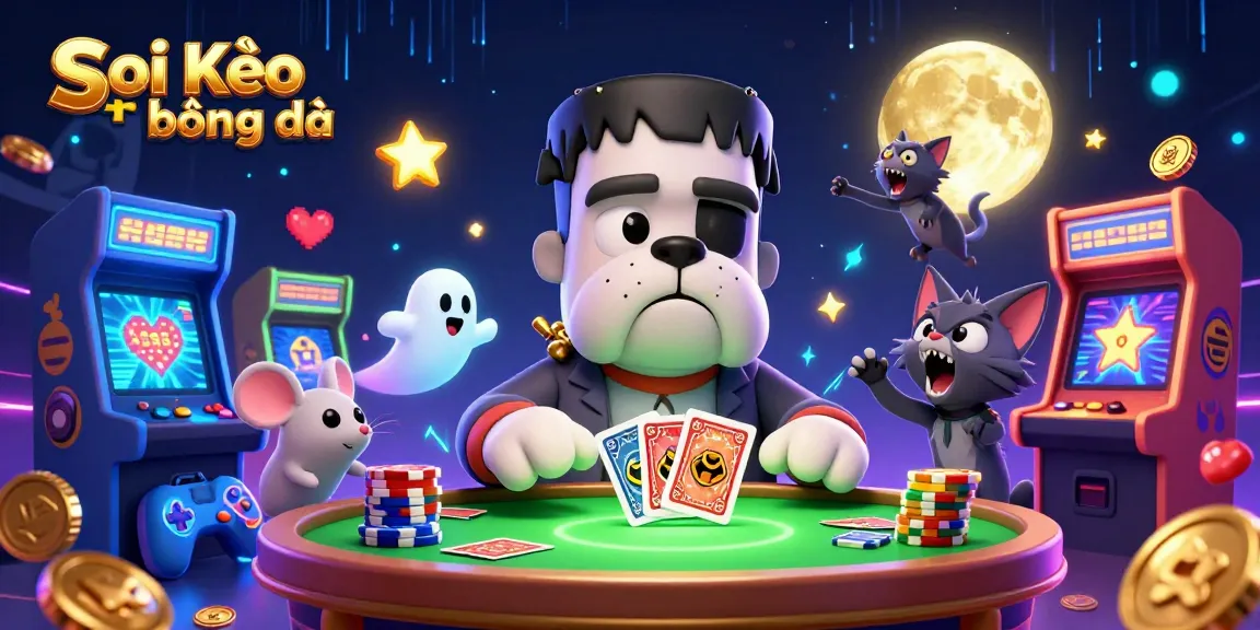 Soi Kèo bóng đá engaging scene with a Frankenstein bulldog monster dealing cards surrounded by gaming elements