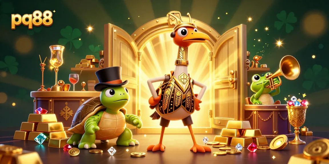Experience epic wins at pq88 with this vibrant 3D casino illustration featuring rich golds and treasures.