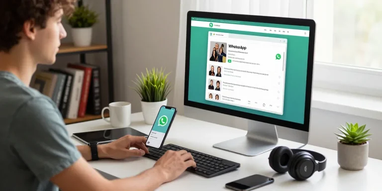 User engaging with WhatsApp電腦版 on a sleek desktop setup in a bright workspace, showcasing modern tech elements and a productive atmosphere.