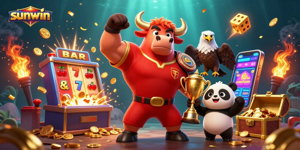 Win big at sunwin with an exciting 3D casino celebration featuring a triumphant bull and eagle mascot.