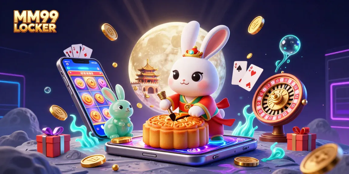 Win big with MM99 LOCKER: A vibrant scene featuring a moon rabbit creating poker chip-filled mooncakes on a cosmic casino.