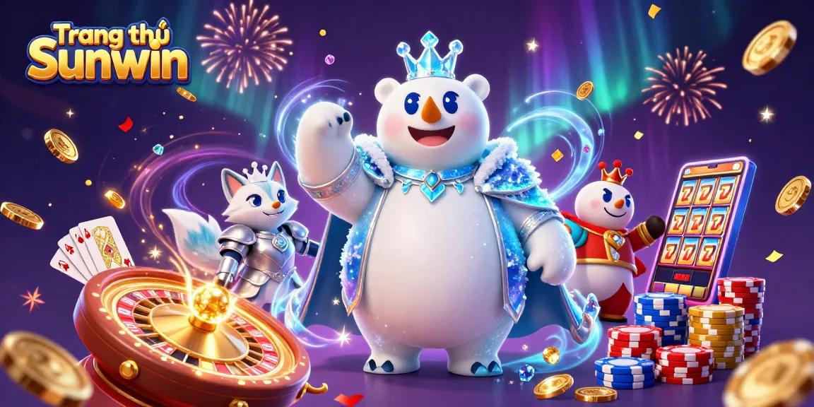 Engage with the vibrant energy of Trang chủ Sunwin, featuring a polar bear king amidst golden casino treasures.