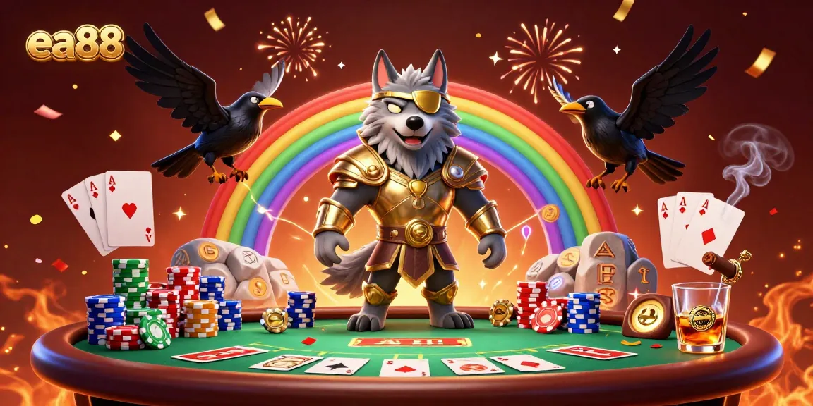 Play poker at ea88 with Odin and ravens amid a vibrant casino scene.