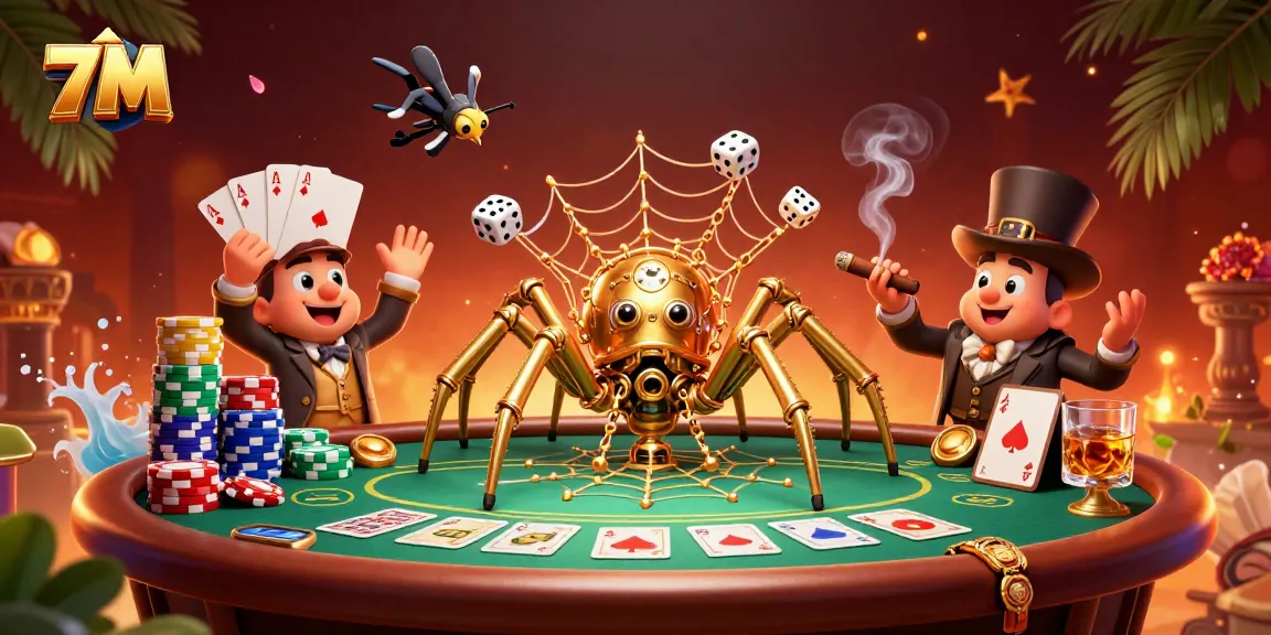 Experience 7M's thrilling gambling scene as a golden spider captures dice in an enchanting web.