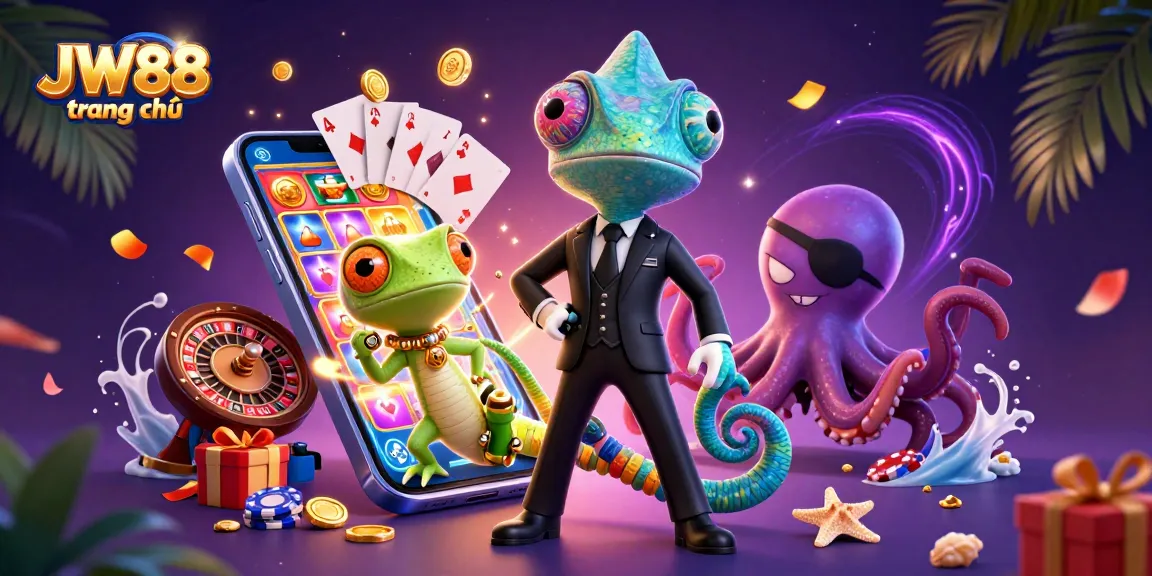 Experience the thrill of JW88 trang chủ with an exciting chameleon and gecko in a vibrant casino scene.