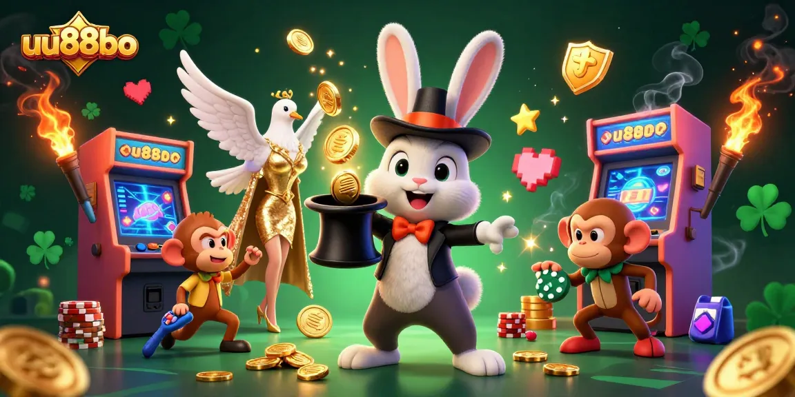 Win big with uu88bo in a vibrant casino scene featuring magical characters and gaming elements.