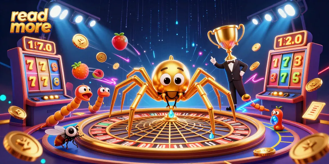 Fly nervously placing bets as the golden spider promotes read more about casino strategies, with vibrant spinning reels around.