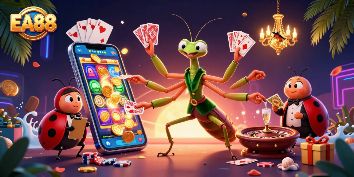 Experience the excitement of EA88 with vibrant visuals of casino action, cards dealt and coins flowing.