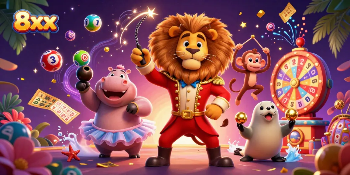 Experience 8xx lottery fun with a dynamic circus scene featuring colorful balls and exciting prizes.