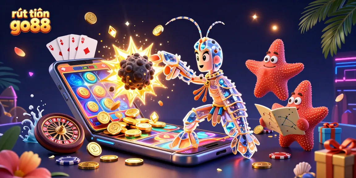 Experience rút tiền go88 vividly with a galactic mantis shrimp and starfish amid explosive treasures in a dynamic casino scene.