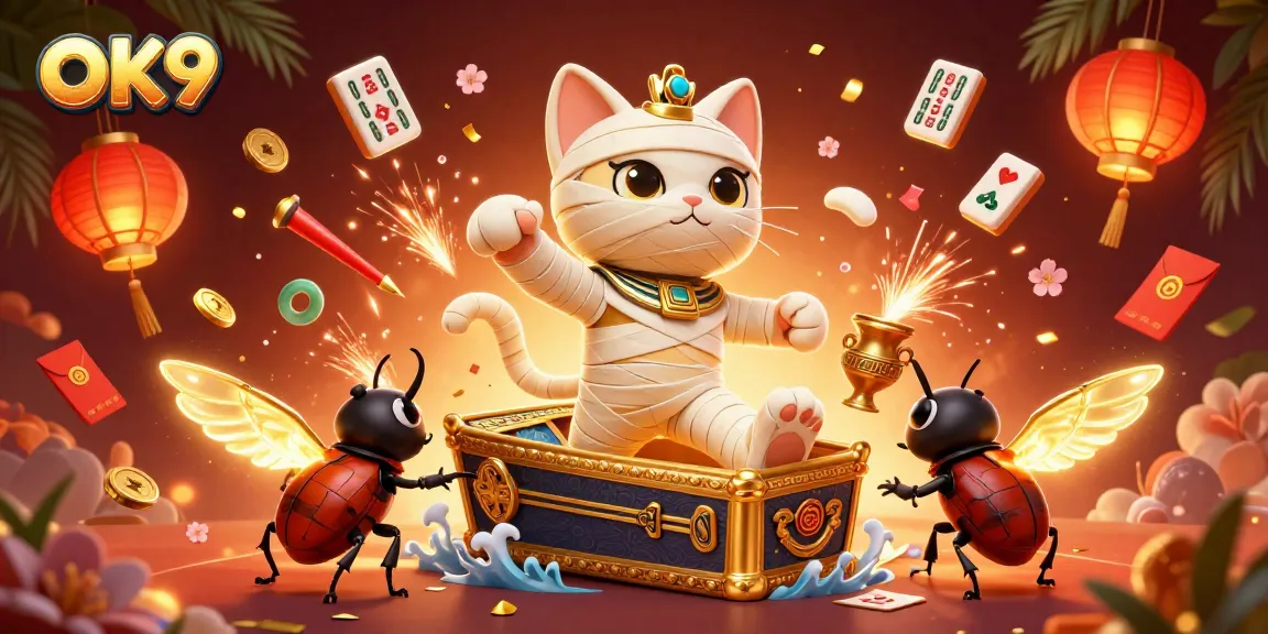 Engage with exciting games at OK9, featuring vibrant scenes of a mummy cat and magical elements.