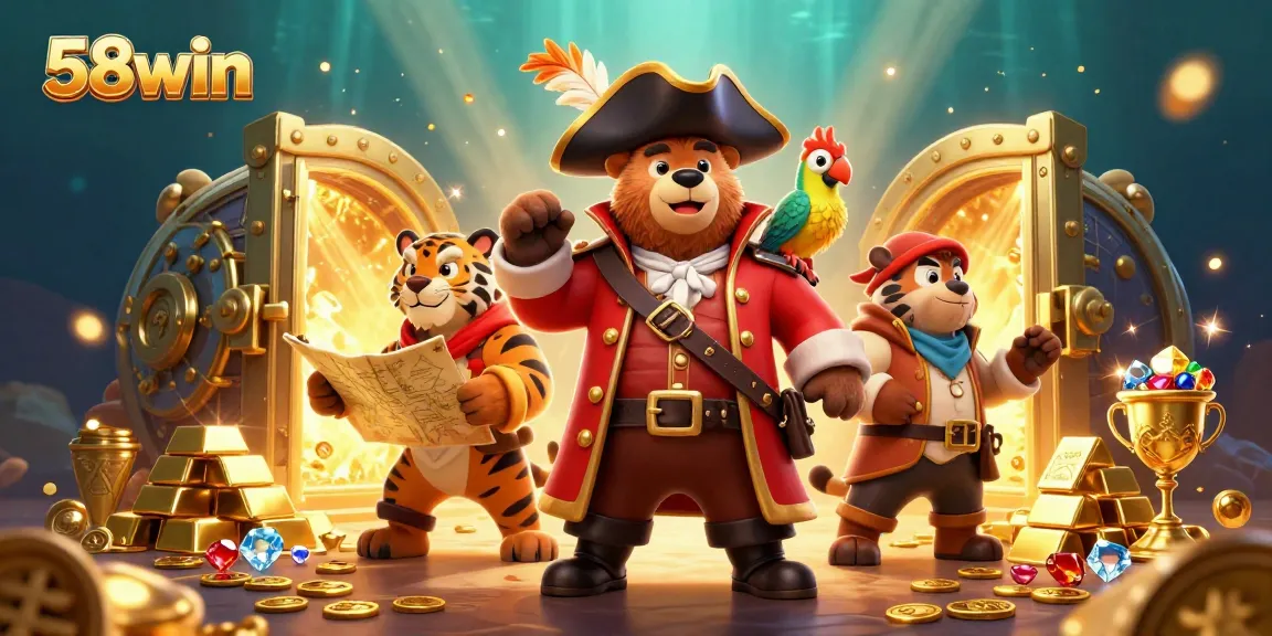 Experience thrilling adventures with 58win in a vibrant 3D casino scene featuring pirate characters and treasures.